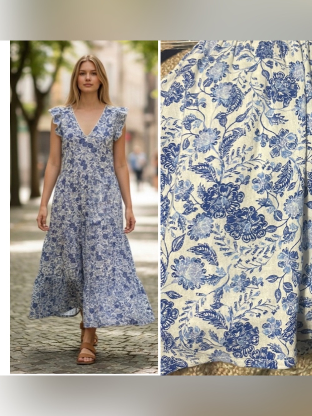 Old Navy Tiered blue white Floral-Print Midi  maxi    Dress smocked back sz M